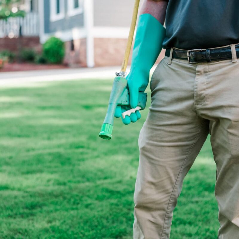 Nature's Turf employee spraying pest control product on lawn