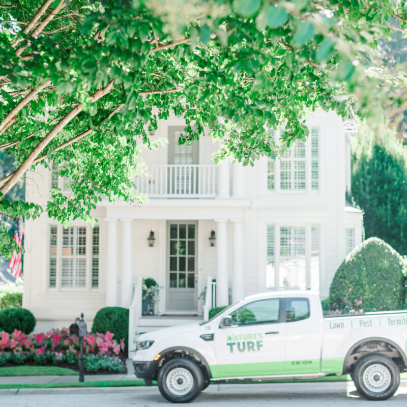 Nature's Turf truck parked on street in front of stately white house with a beautiful lawn full of flowers, shrubs, and trees