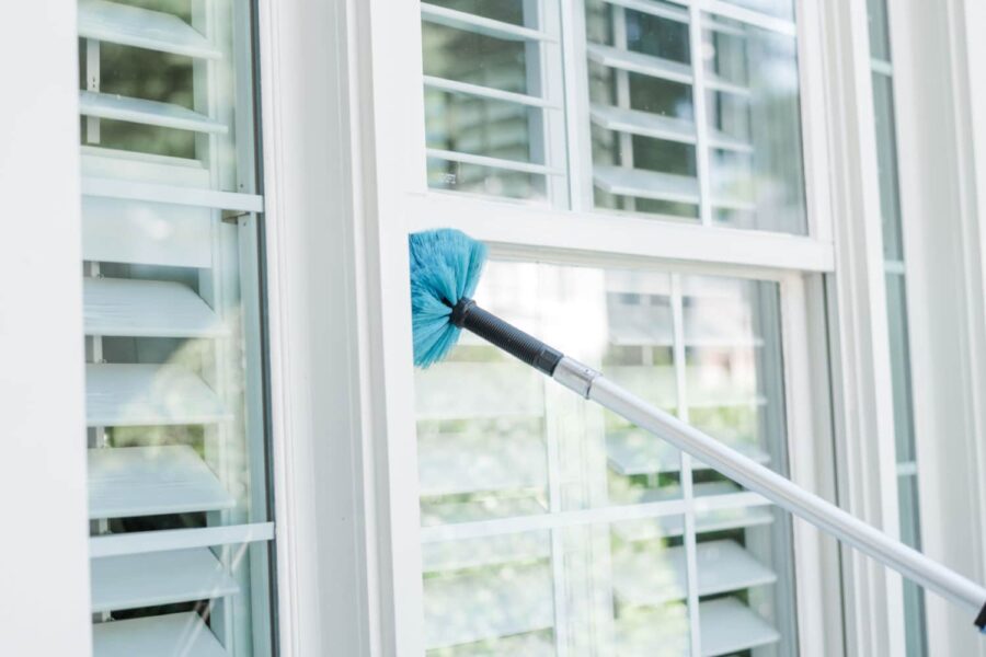 Long-handled brush cleaning spider webs from a window in a residential home
