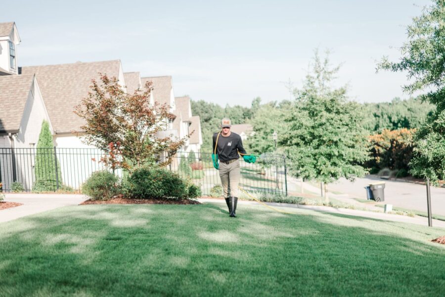 Nature's Turf employee applying pre-emergent weed comtrol products to a lush green lawn in front of a wrought iron fence and a row of homes